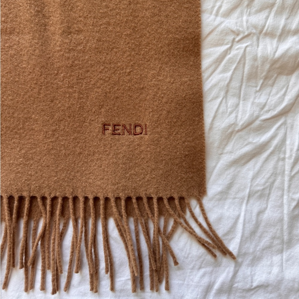 Fendi Camel Brown Wool Scarf with Fringe
